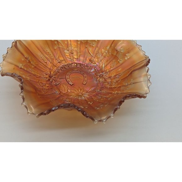 Northwood Good Luck Ruffled Bowl Ribbed Back Carnival Glass Vintage - Picture 8 of 12